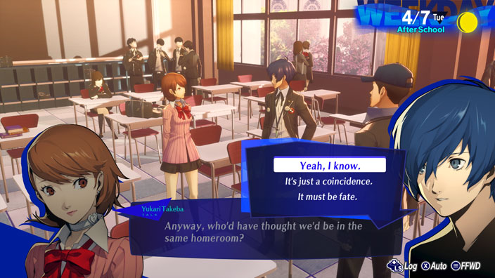 A screenshot from Persona 3: Reload. Yukari and the protagonist are talking in a classroom.