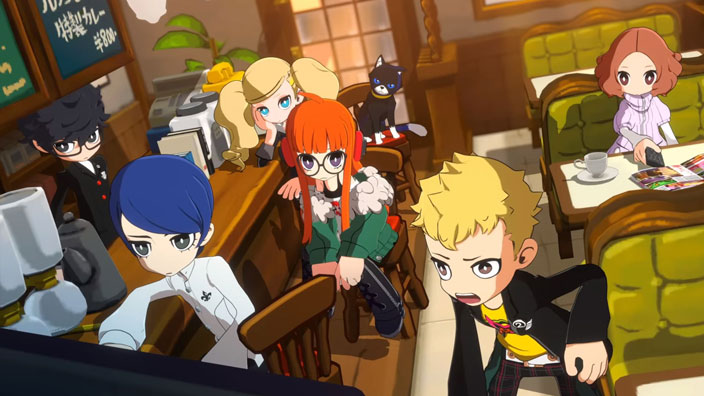 A screenshot from Persona 5 Tactica. Chibified versions of The Phantom Thieves are hanging out in Le Blanc.
