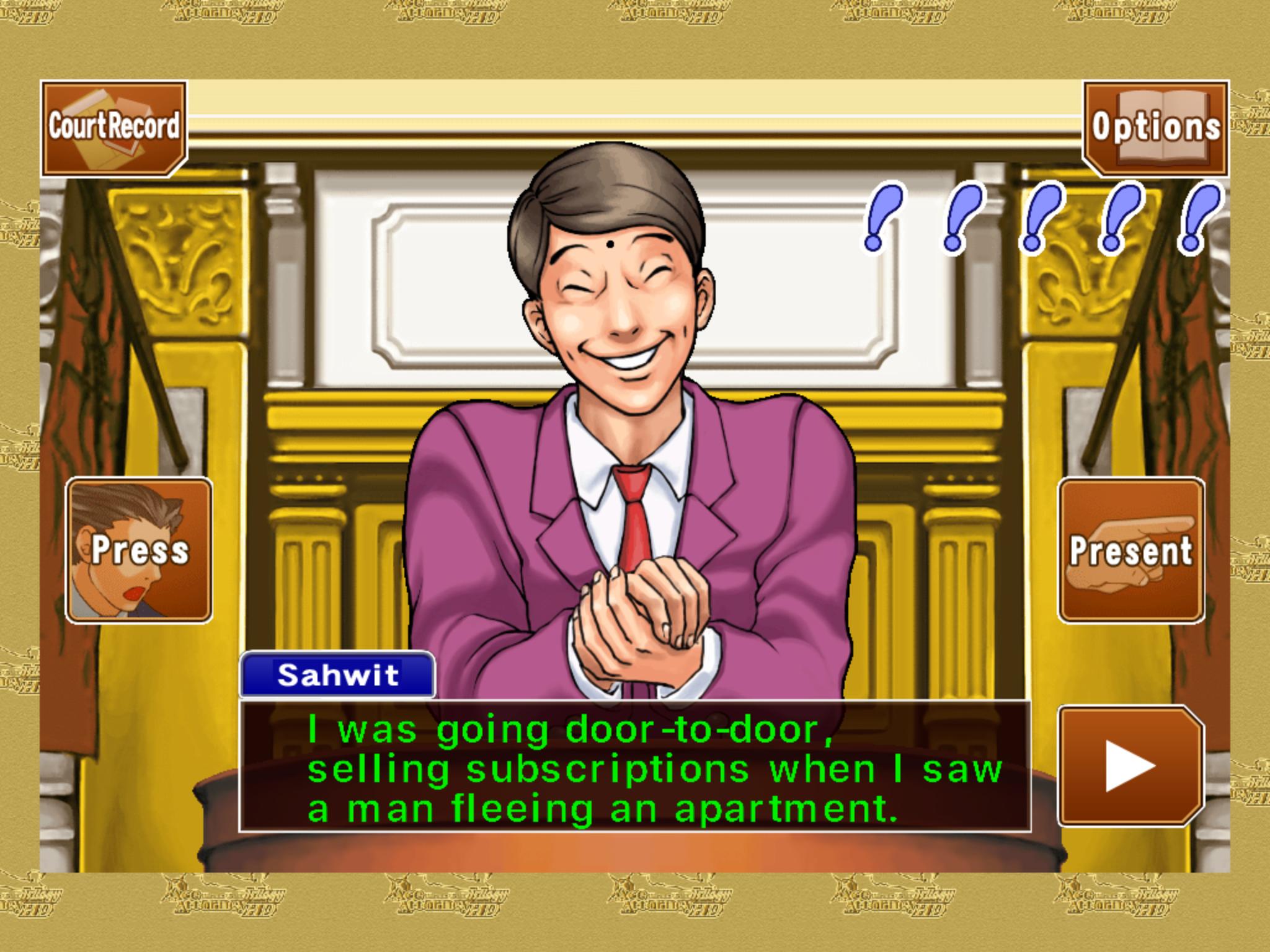 A screenshot from the iPad version of Phoenix Wright: Ace Attorney Trilogy HD