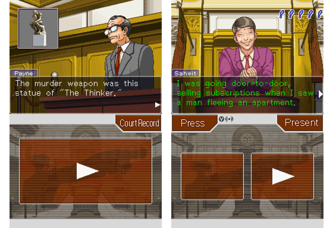 Screenshots from the DS version of Phoenix Wright: Ace Attorney