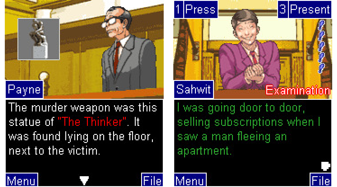 Screenshots from the mobile Java game, Phoenix Wright: Case I