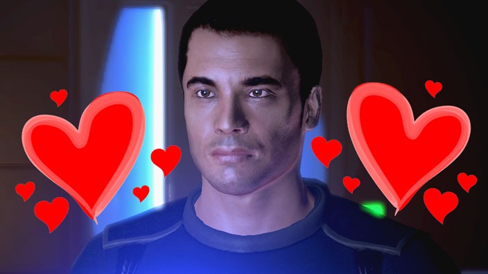Mass Effect's Kaiden Alenko, surrounded by cute pink love hearts
