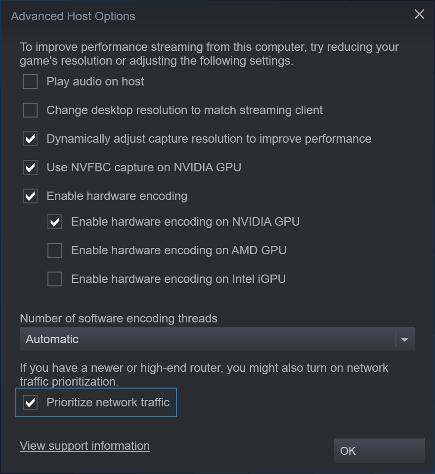Steam's "Advanced Host Options" panel. The "Prioritize network traffic" checkbox is checked.