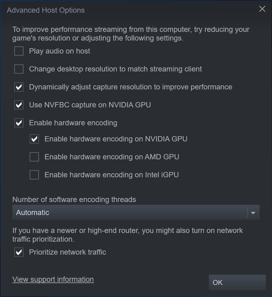 Steam's "Advanced Host Options" panel. The "Enable hardware encoding" checkbox is checked, along with its "Enable hardware encoding on NVIDIA GPU" sub-checkbox.