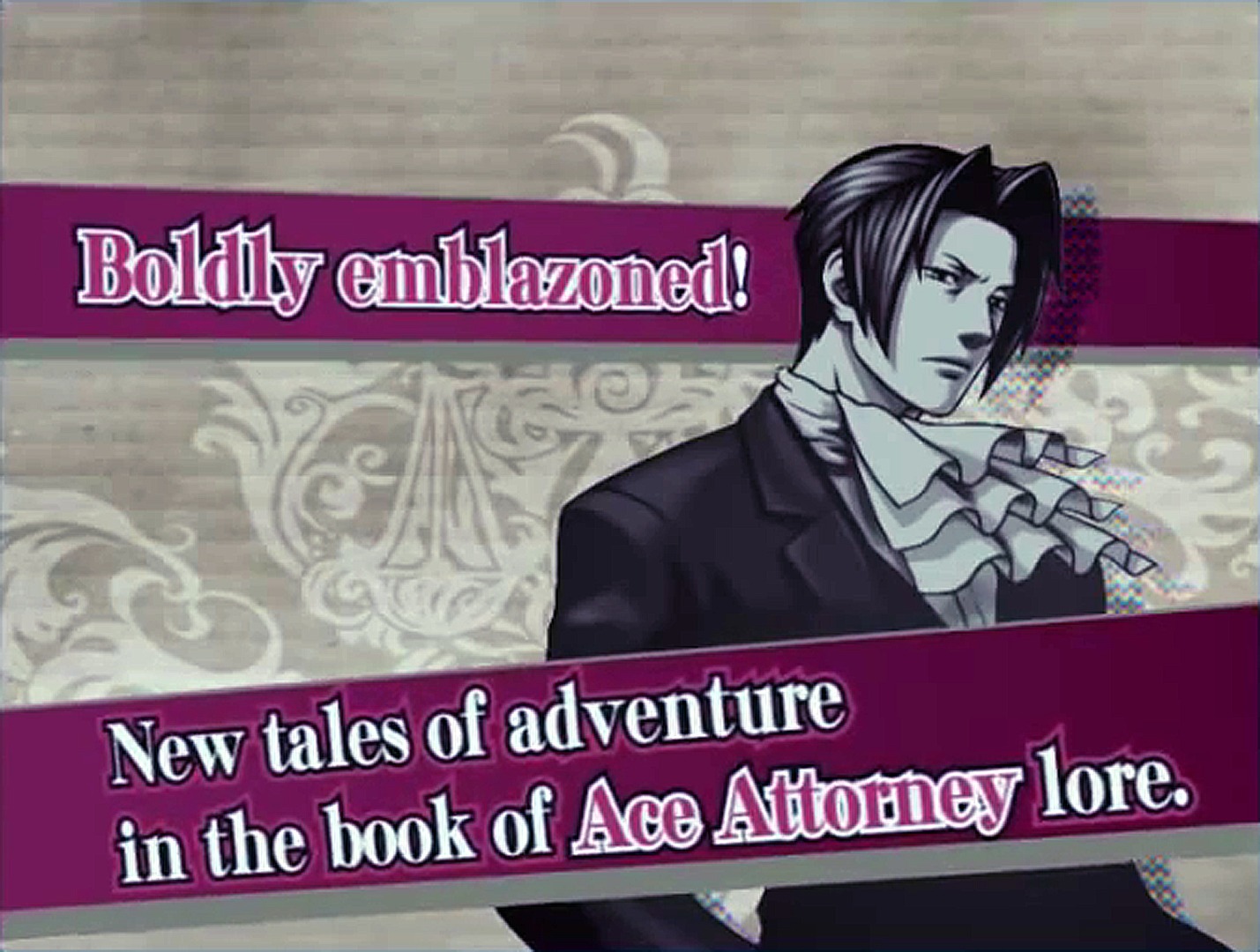 A screenshot from the Ace Attorney Investigations trailer shows Miles Edgeworth looking moody. Text in image: "Boldly emblazoned! New tales of adventure in the book of Ace Attorney lore."