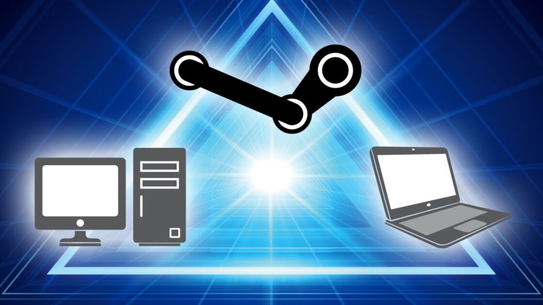 A diagram showing Steam Remote Play streaming from a desktop PC to a laptop (or vice versa)
