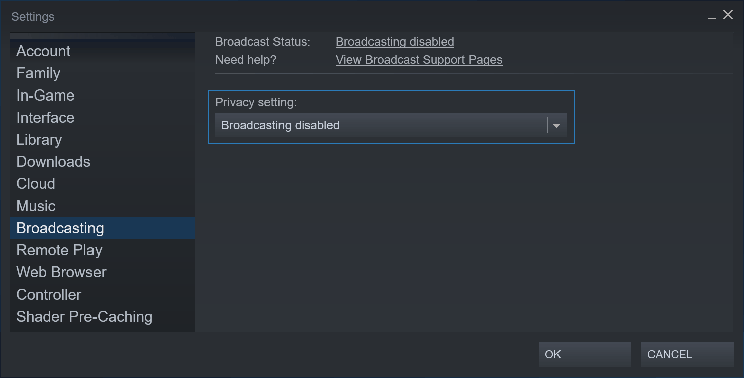 Steam's "Broadcasting" Settings panel. The "Privacy setting" option is set to "Broadcasting disabled".
