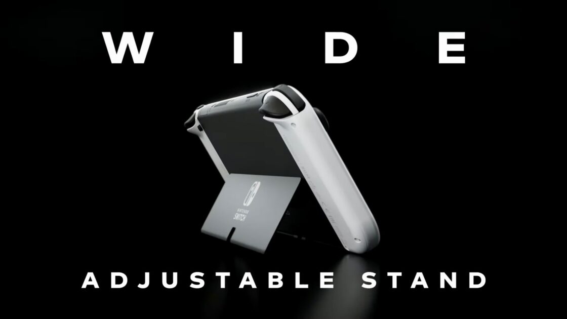 A promotional image showing the new kickstand. Text in image: "Wide adjustable stand"