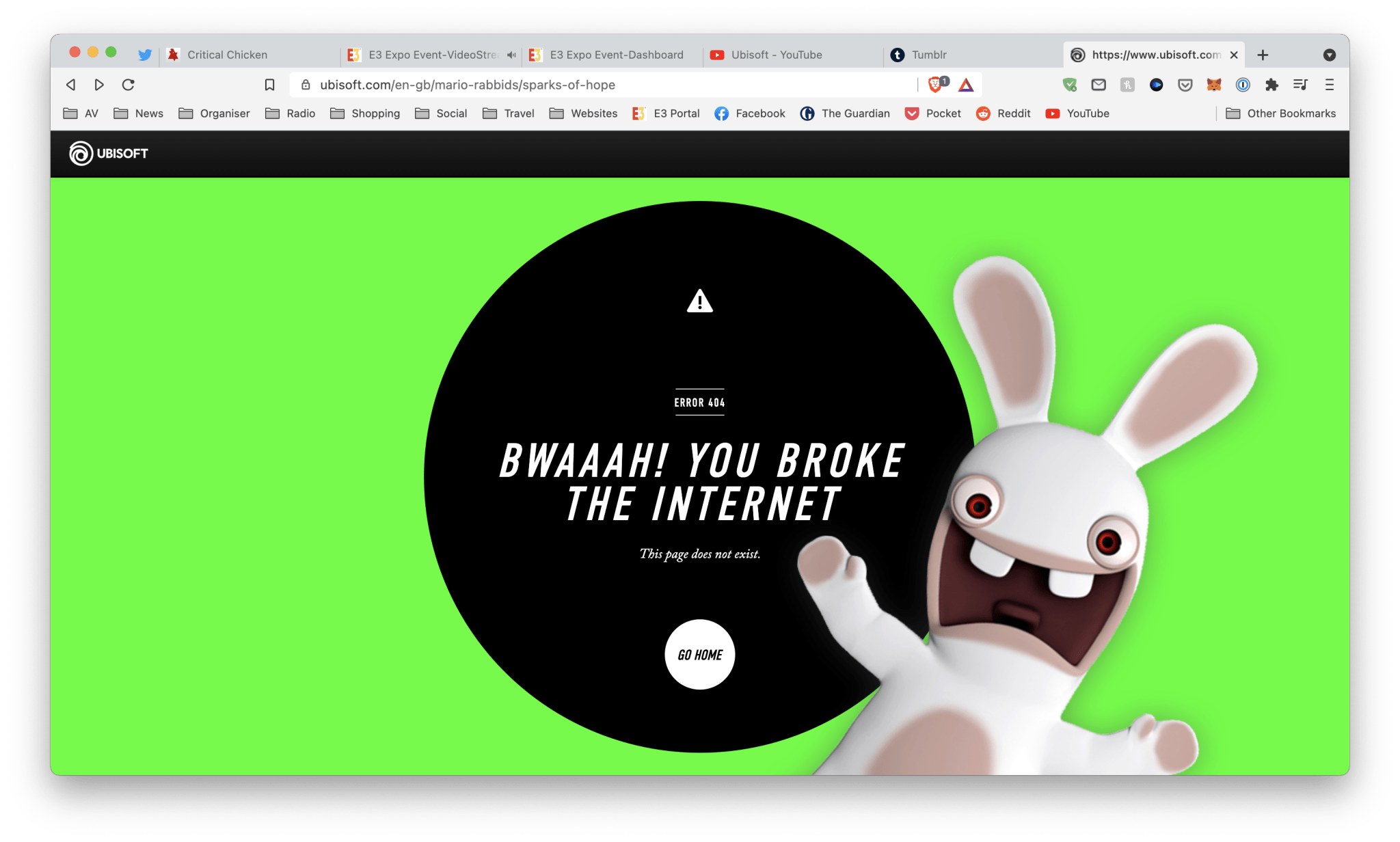 A screenshot of a web browser showing an error message. Text in picture: "Error 404. Bwaaah! You broke the internet. This page does not exist."