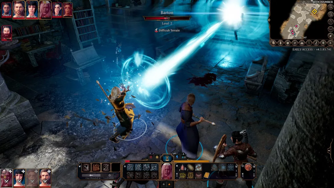 A Baldur's Gate 3 player locked in a fierce, magic-wielding battle. They're firing a powerful-looking column of electric-blue light from the palms of their hands.