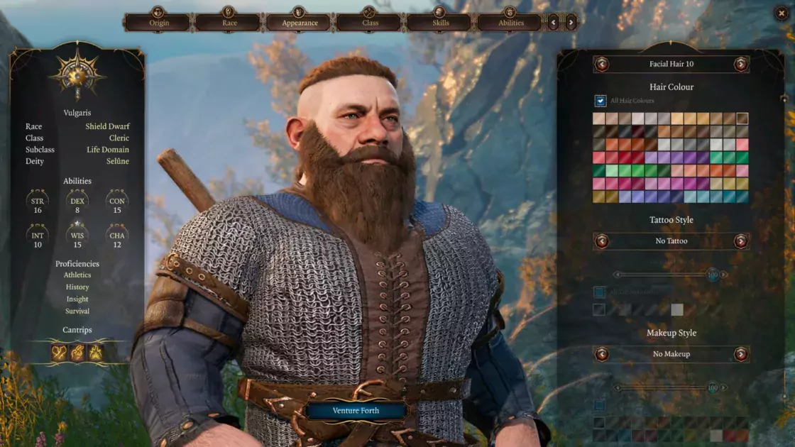 The Baldur's Gate 3 character creation screen. A player is selecting a Shield Dwarf's hair colour.