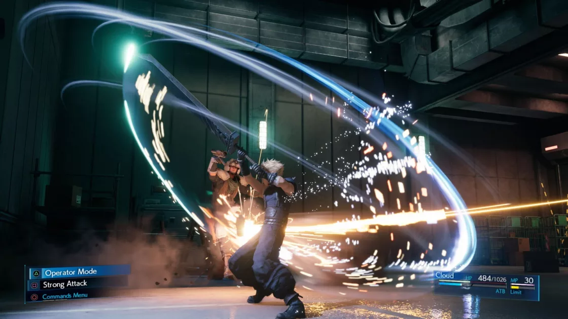 A screenshot from FF7R, running on the PlayStation 5. It displays impressive visual effects as two characters battle it out amidst a sea of sparks.