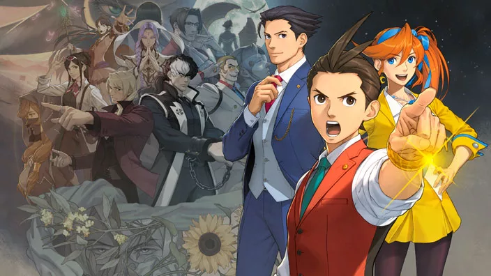 Key art for Apollo Justice: Ace Attorney Trilogy, featuring Apollo Justice, Phoenix Wright, and Athena Cykes