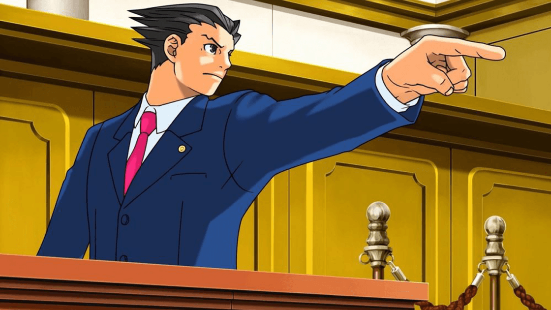A screenshot from Phoenix Wright: Ace Attorney trilogy. Phoenix Wright is pointing his index finger, arm outstretched, with a determined look on his face. (Alt text added by Critical Chicken.)