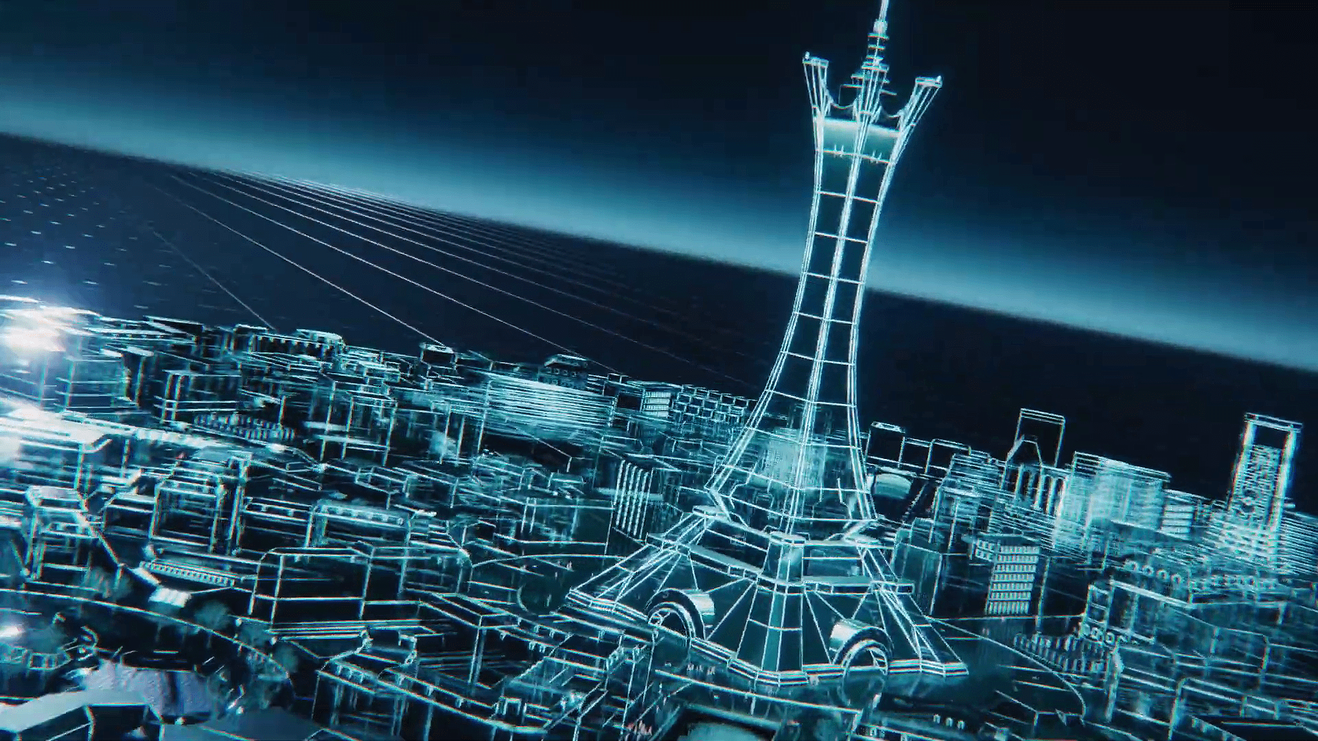 A cyberpunk-esque 3D blueprint of Lumiose City, from the Pokémon Legends: Z-A trailer