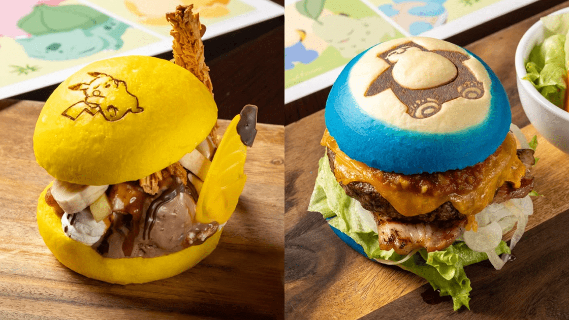 A split-screen image showing Pikachu Dessert Burgers (fruit, ice cream, and lashings of sauces in a yellow bun) and Snorlax Burgers (meat, cheese, and lettuce in a blue and white bun)